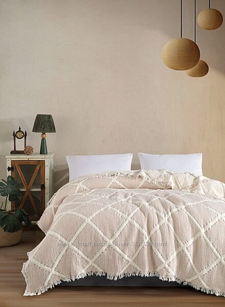 Муслиновое Покрывало Пике с бахромой Moss Ivory Muslin 230х250 пятислойное 