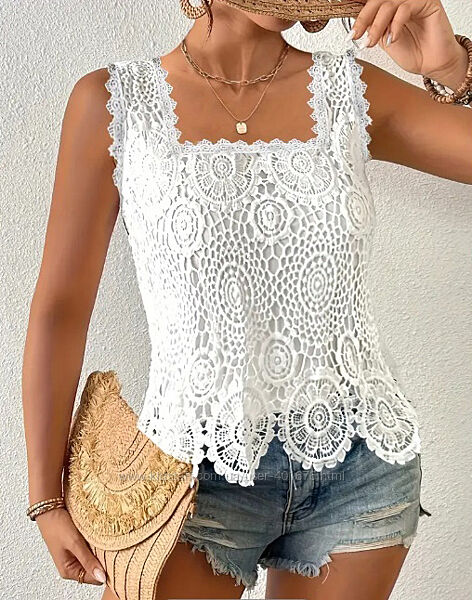 Блузка летняя, женская, без рукавов с гипюровым кружевом 48-50 р