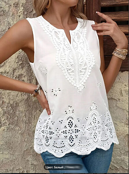 Блузка летняя, женская, без рукавов c вышивкой хлопок прошва 52-54 р
