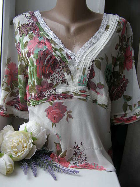 Laura Ashley блуза цветы 100 шелк 14 размер  