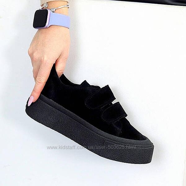 Замшеві чорні жіночі кеди, кросівки на липучках на високій підошві, 36-41р