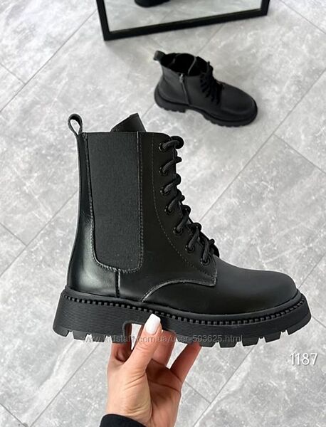 Шкіряні чорні зимові черевики челсі на шнурках 