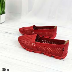 Красные летние женские кожаные мокасины