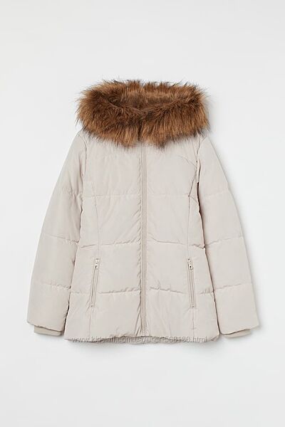 Утепленная куртка с мехом на капюшоне св. бежевая - H&M оригинал новая xs