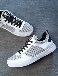 Білі натуральні шкіряні кеди кросівки сітка літні легкі