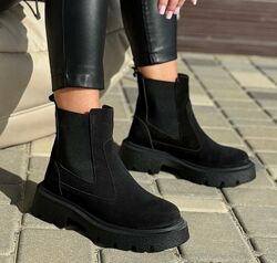 Челсі жіночі зима натуральна шкіра колір шоколад та чорні