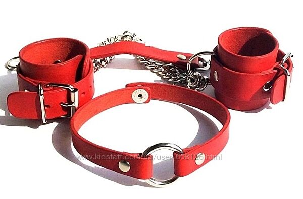 Красный чокер с кольцом кожа, наручники красная кожа, шкіряний чокер, ошейн