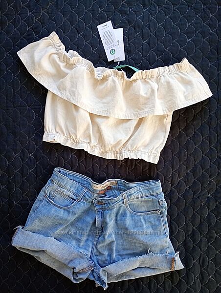 Шведський топ денім органічний котон волани приспущені плечі Gina Tricot