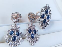 Золотые серьги и кольцо 585 пробы с бриллиантами и сапфирами