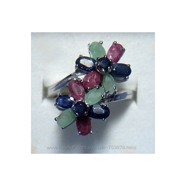 Еффектное кольцо рубин сапфир изумруд серебро 925 СКИДКА
