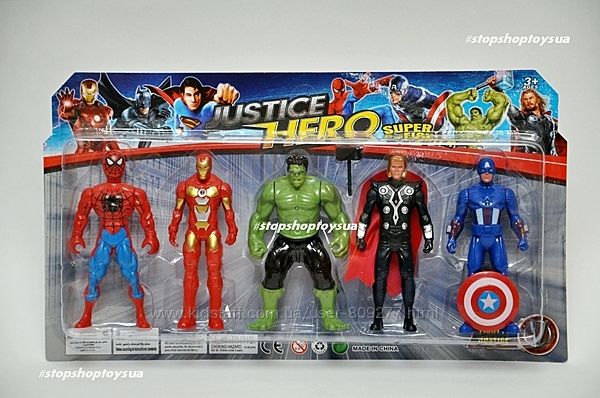 Набор 5 супергероев Marvel. Железный Человек Паук Халк Капитан Америка Тор.