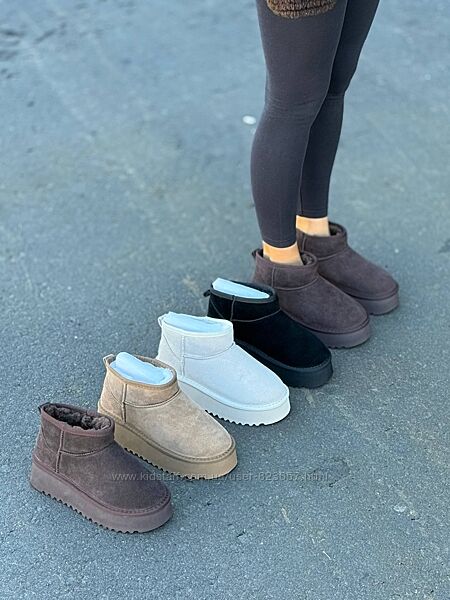 Натуральні замшеві короткі уггі на платформі чорні, капучино шоколад