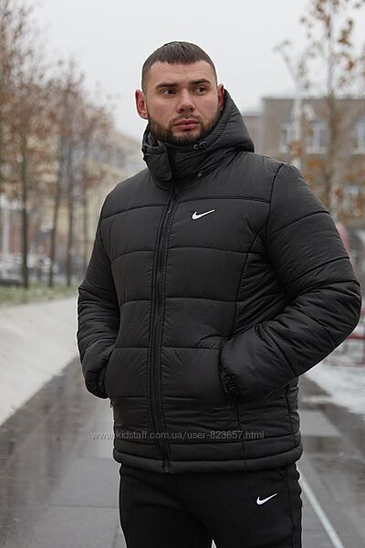 Чоловіча зимова куртка пуховик Nike Чорна та синя коротка, тепла