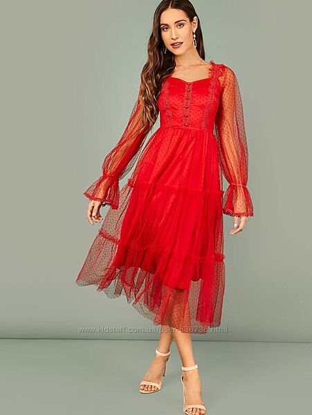  Красное фатиновое ярусное платье миди с прозрачными объемными рукавами She