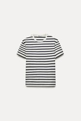 Футболка zara жіноча, в смужку, бежева, розмір с