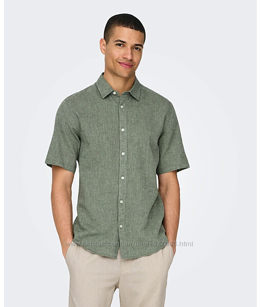 Чоловіча льняна літня сорочка на ґудзиках з коротким рукавом кольору хакі