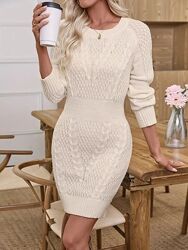 Теплое женское платье, машинная вязка с узором, молочное, облегающее, L