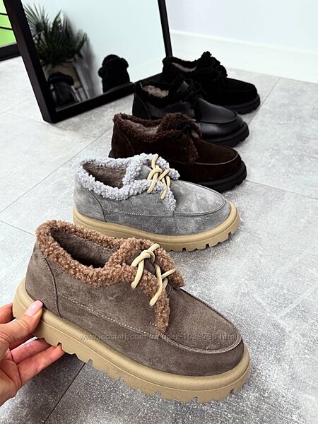 Утеплені черевики лофери на шнурівці. Натуральна шкіра. Палітра кольорів
