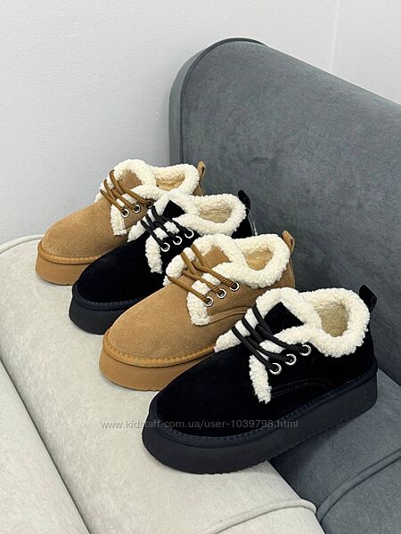 Зимові черевики - сноубутси на шнурівці з хутром Teddy. Натуральна замша
