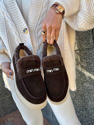 Утеплені туфлі лофери з хутром. Натураральна замшева шкіра