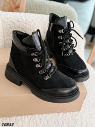 Демісезонні черевики на шнурівці. Чорний Беж. Натуральна шкіра