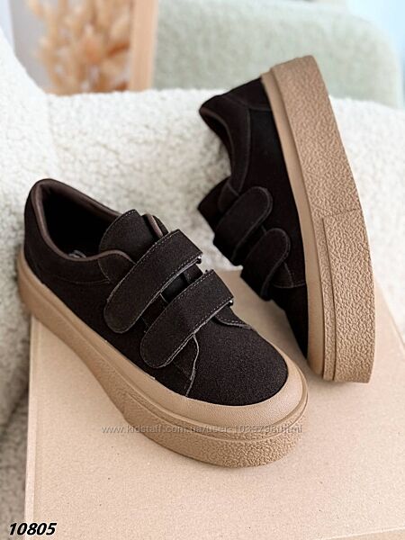 Зручні кросівки на липучках. Натуральна замша. Чорний Шоколад Беж