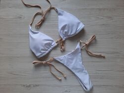 Белый купальник стринги треугольники шторки мягкая чашка без пушапа секси М