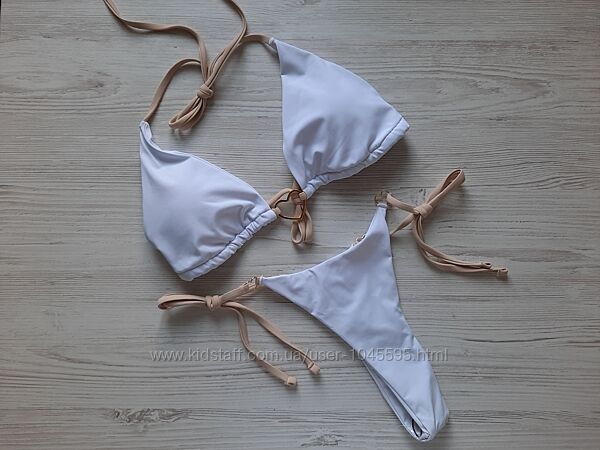 Белый купальник стринги треугольники шторки мягкая чашка без пушапа секси М
