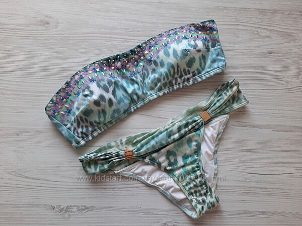 Голубой леопардовый купальник бандо стразы с камнями мягкая чашка L S