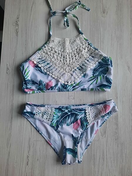 Купальник с топом мягкая чашка без пуш-апа с кружевом белый принт в листья