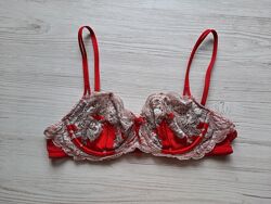 Красный бежевый бюстгальтер стразы Сваровски Victorias secret оригинал 75А