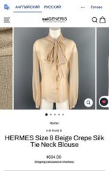 Винтажная шелковая блуза 100 шелк hermes size 40 beige crepe silk tie neck