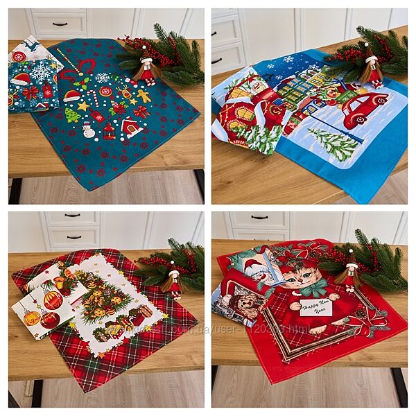 Новорічні набори з 3 кухонних рушників із рогожки та вафельні на подарунок