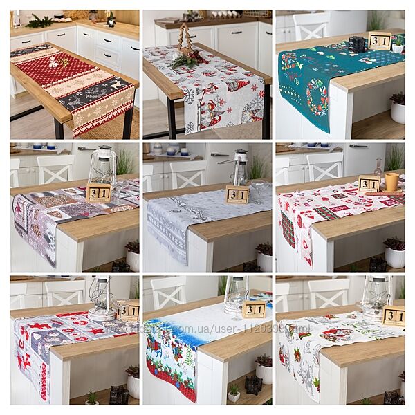 Новорічна скатертина-доріжка на стіл, раннер із рогожки- бавовна