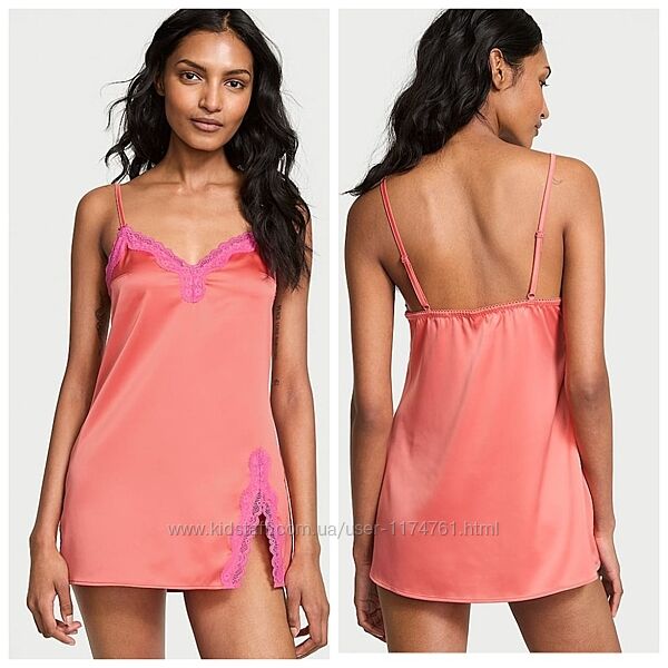 Victoria&acutes Secret сатиновая ночнушка Satin Lace-Trim Mini Slip Dress