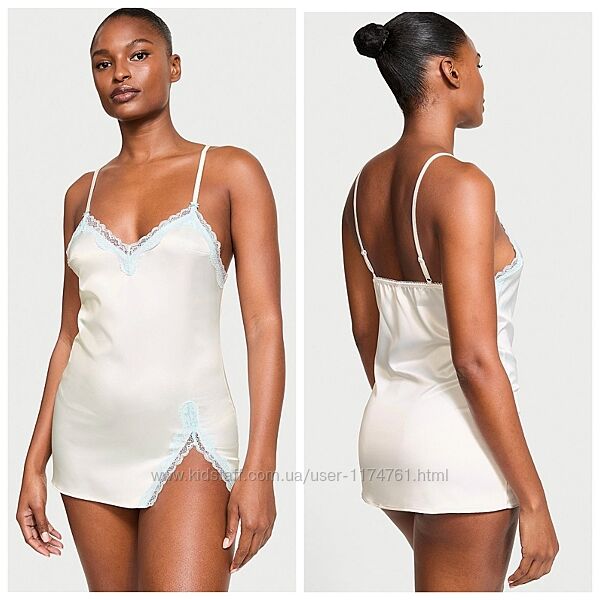 Victorias Secret сатиновая ночнушка Satin Lace-Trim Mini Slip Dress