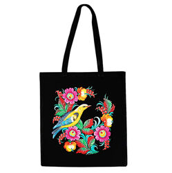 Чорна сумка шоппер петриківський розпис. птах з квітами