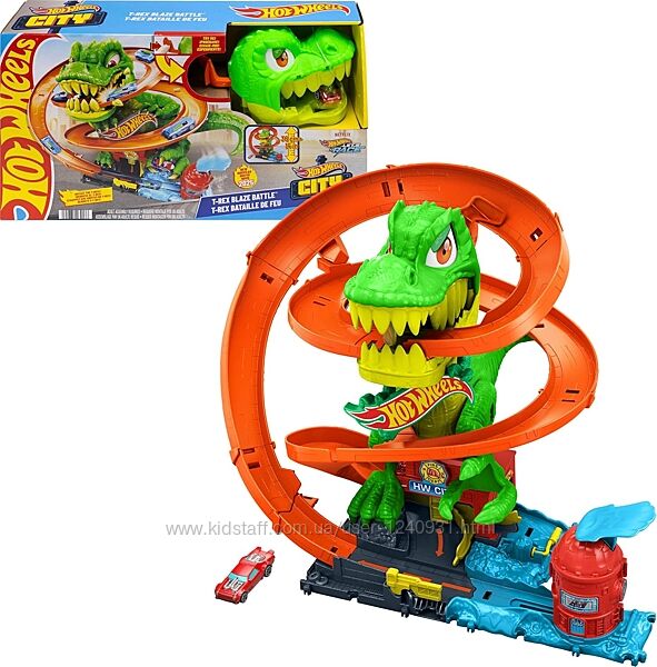 Іграшковий набір Hot Wheels для треку, ігровий набір City T-Rex Blaze Battl