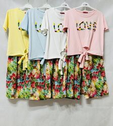 Эффектные костюмы легкие палаццо и футболочка с аппликацией 120-164 рост