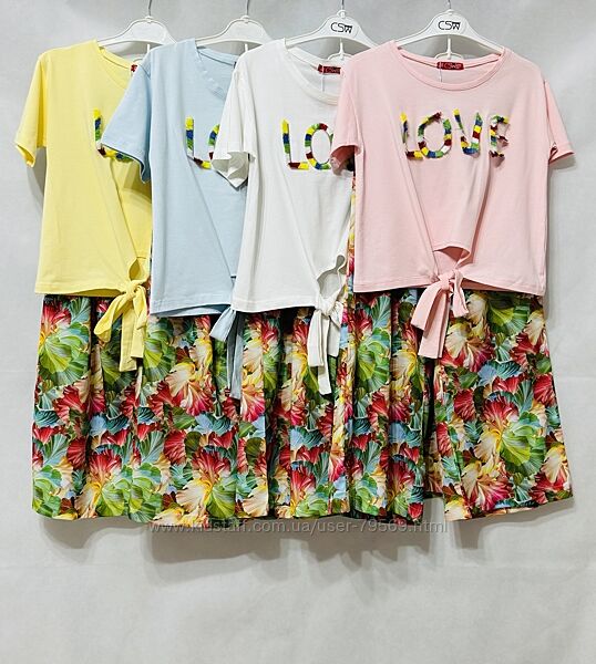 Эффектные костюмы легкие палаццо и футболочка с аппликацией 120-164 рост