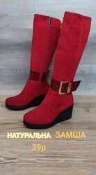 Замшеві зимові чоботи на танкетці, замша натуральна