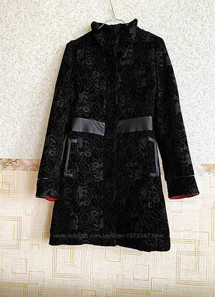Черное жаккардовое пальто утеплитель кожаные вставки carnaby цветы стойка 
