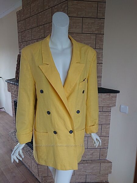 Желтый удлиненный винтажный двубортный льняной пиджак оверсайз размер М-Л