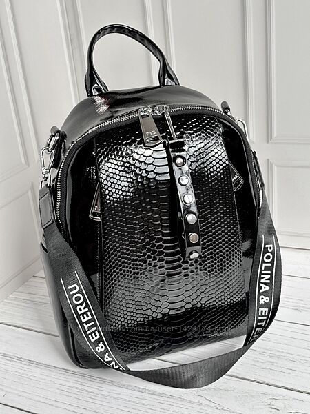 Жіночий шкіряний лаковий рюкзак. Жіноча шкіряна сумка. Polina&Eiterou.