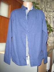 Рубашка хлопковая синяя на парня 10 лет, рост 140 см