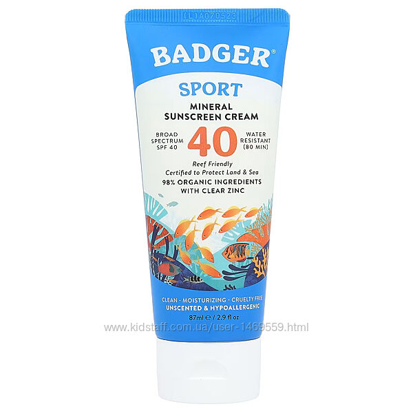 Badger Sport мінеральний сонцезахисний крем SPF 40 без ароматизаторів