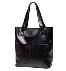 Стильная кожаная женская сумка шопер casual черная
