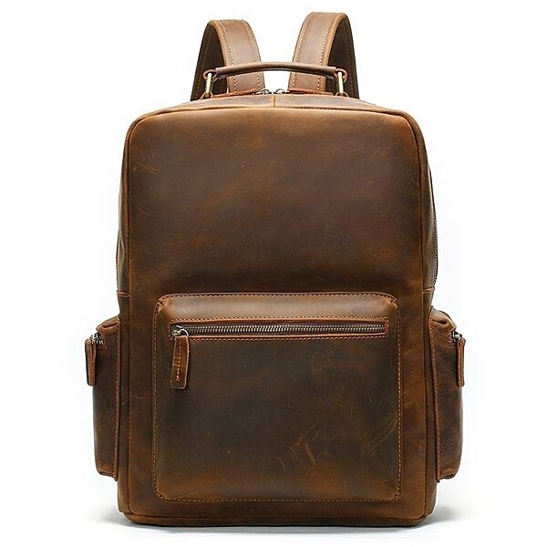 Рюкзак кожаный с потертостями для ноутбука коричневый винтажный