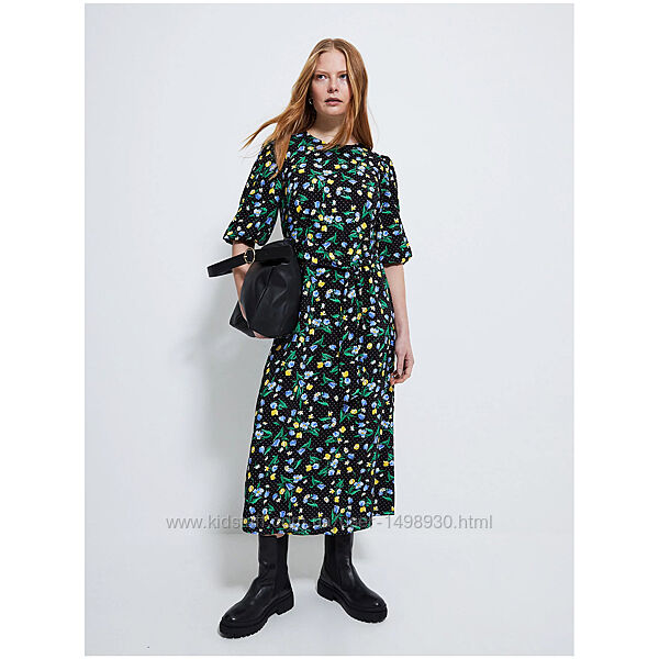 Чорна квіткова сукня міді з поясом р.16