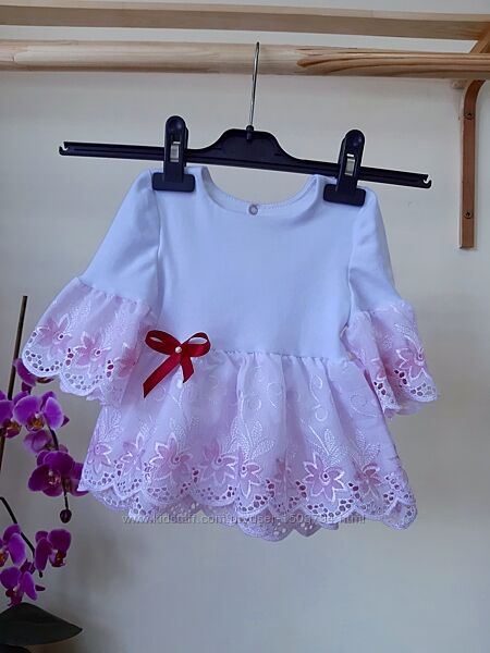 Платье девочке белое розовое трикотаж хлопок нарядное летнее прошва ажур
